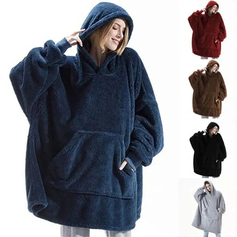 2024 Winter Women Double-faced Fleece Hoodie Blanket Oversize Large Pocket Warm Couple Loose Sweatshirts Women And Men Robe Watra