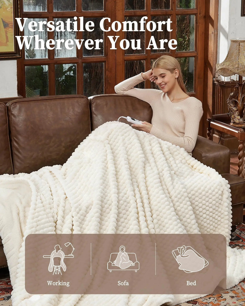 50x60inch Heated Blanket 90x100inch Throw Soft Ribbed Flannel Electric Blanket Fast Heating Auto Shut-Off Gifts Gray/Pink/Ivory Watra