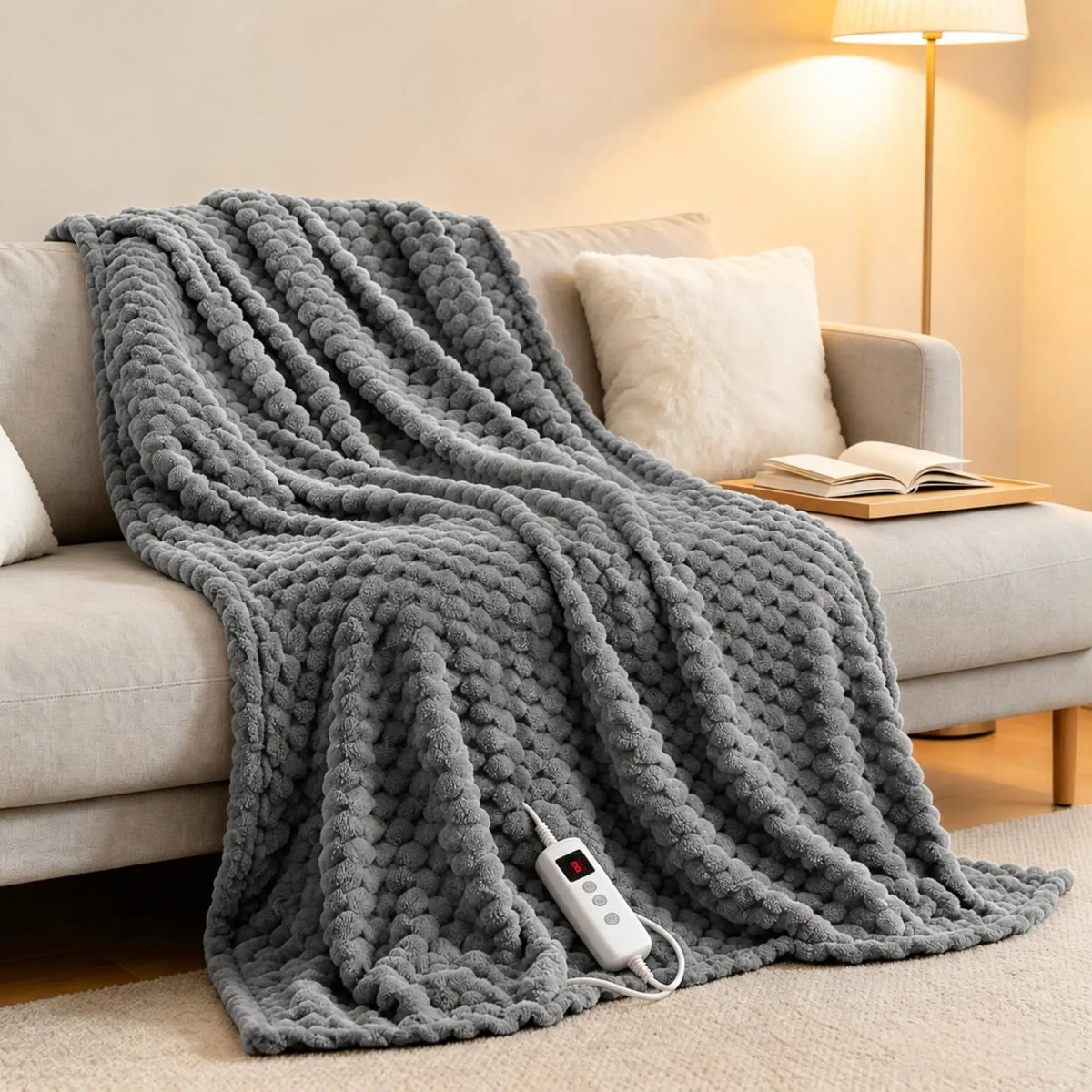50x60inch Heated Blanket 90x100inch Throw Soft Ribbed Flannel Electric Blanket Fast Heating Auto Shut-Off Gifts Gray/Pink/Ivory Watra