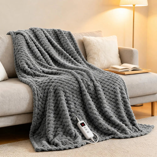 50x60inch Heated Blanket 90x100inch Throw Soft Ribbed Flannel Electric Blanket Fast Heating Auto Shut-Off Gifts Gray/Pink/Ivory Watra