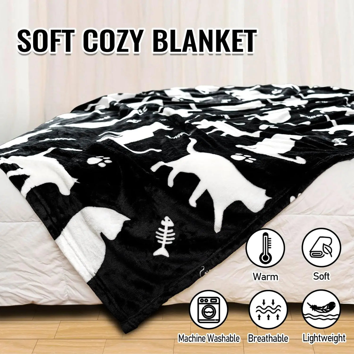 Simple White Cat Paw Bone Pattern Warm Fleece Blanket, Thick Soft Fabric for Travel Living Room Bed Cold Weather Warm Retention Watra