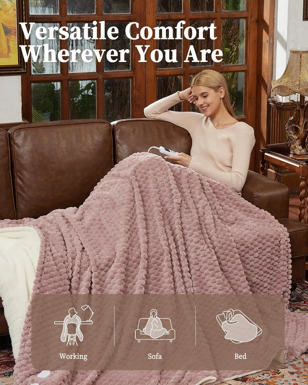 50x60inch Heated Blanket 90x100inch Throw Soft Ribbed Flannel Electric Blanket Fast Heating Auto Shut-Off Gifts Gray/Pink/Ivory Watra