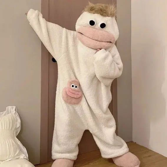 Cartoon Big Mouth Monster Cute Funny Onesie Pajamas Thickened Coral Fleece Homewear For Couples Men Women Autumn Winter Pajamas Watra