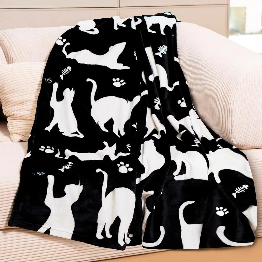 Simple White Cat Paw Bone Pattern Warm Fleece Blanket, Thick Soft Fabric for Travel Living Room Bed Cold Weather Warm Retention Watra