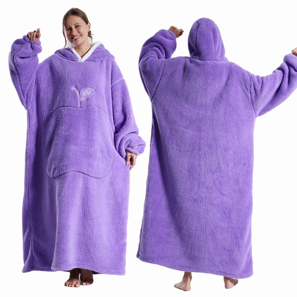 Extra Long Wearable Blankets Winter Flannel Hooded Blanket with Full Sleeves Men Women Cozy Soft Throw Adult TV Blanket Watra