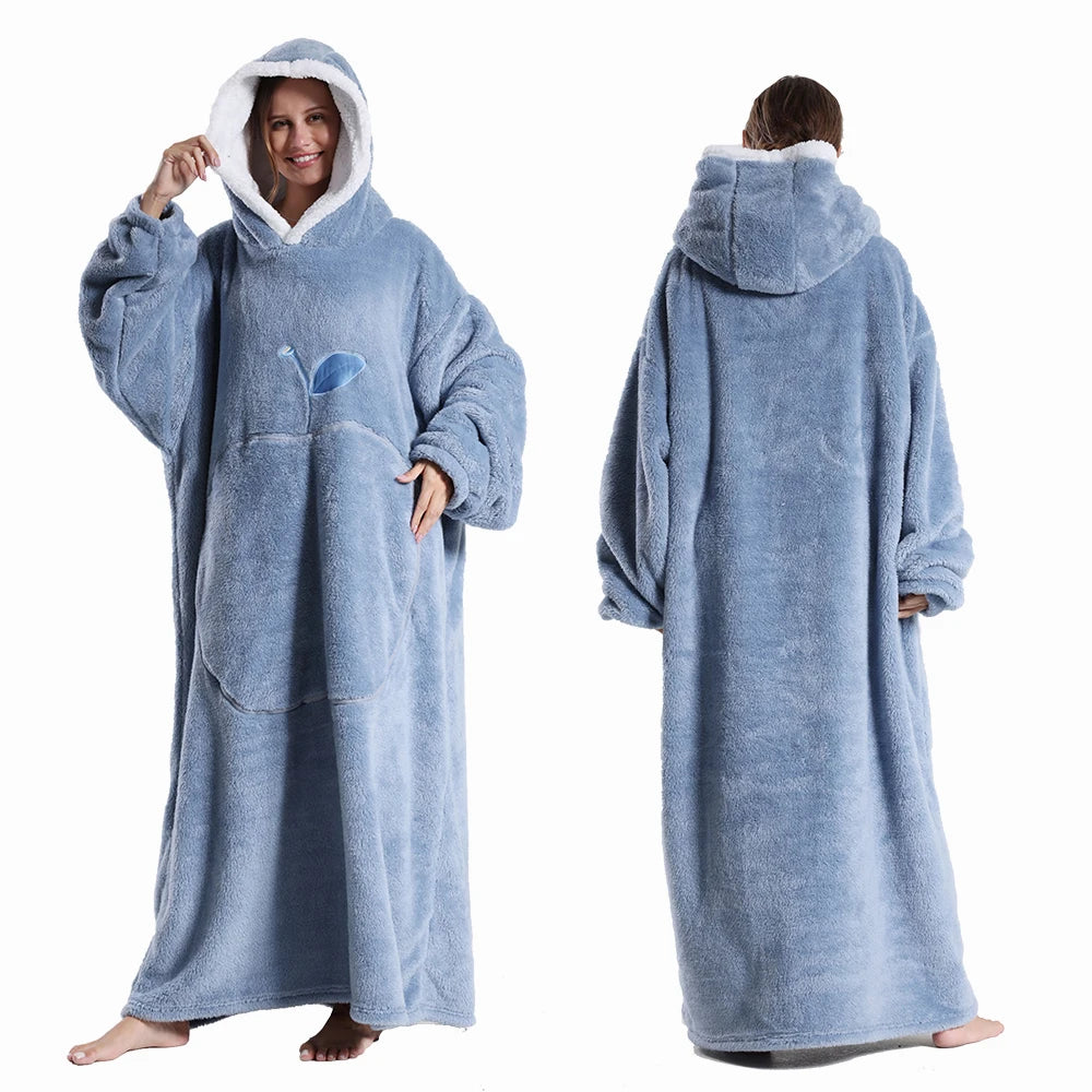 Extra Long Wearable Blankets Winter Flannel Hooded Blanket with Full Sleeves Men Women Cozy Soft Throw Adult TV Blanket Watra