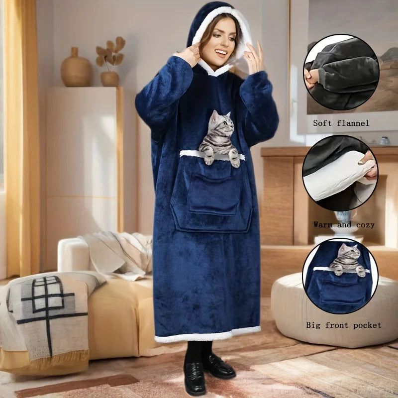 Wearable Blanket Hoodie, Oversized Hooded Blanket Sweatshirt, Hooded Blanket Sweater, Oversized Warm Plush Leisure Blanket, with Hooded Sleeve Pockets, Double-Layer Large Pockets for Petting Cats, Soft and Comfortable, Packab Watra