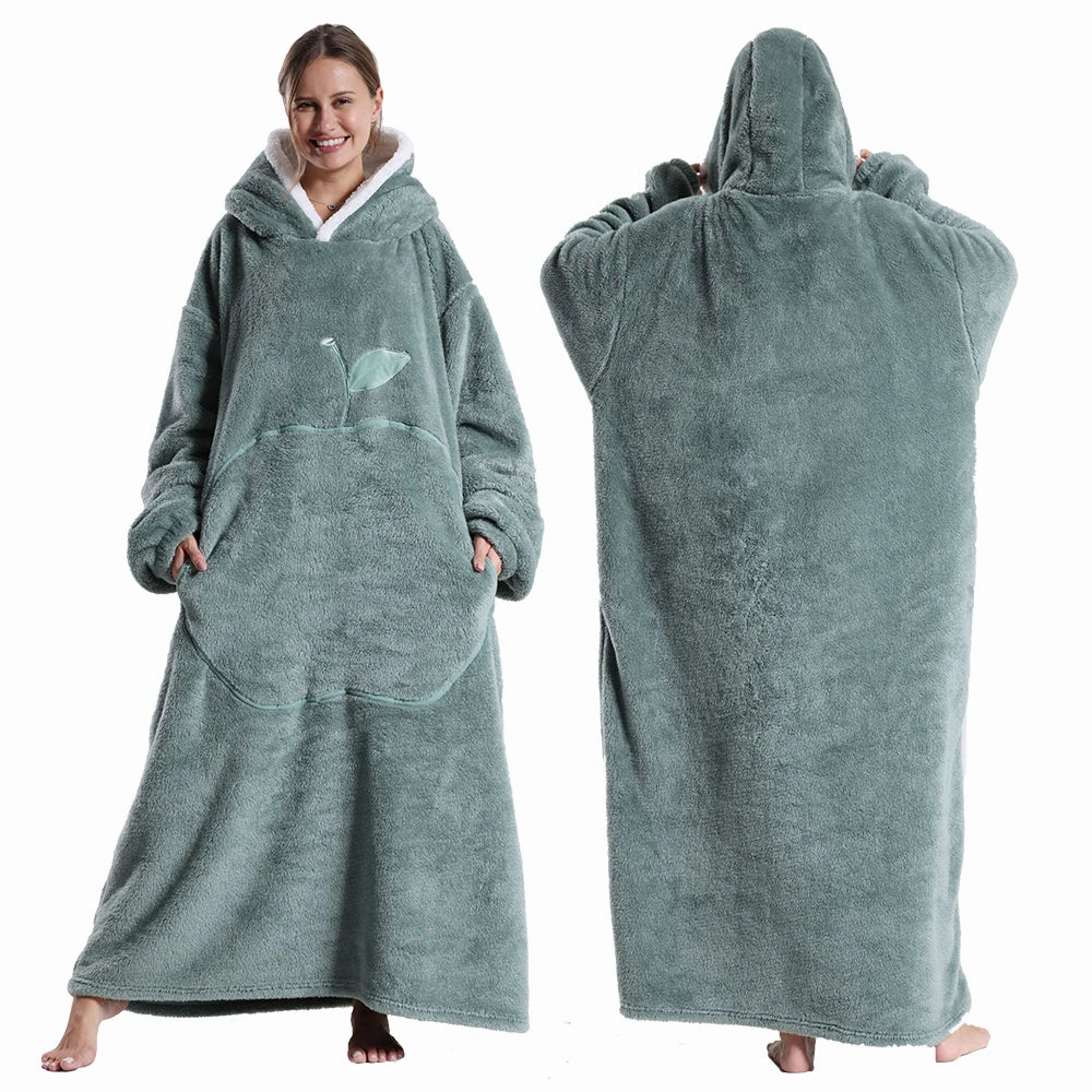 Extra Long Wearable Blankets Winter Flannel Hooded Blanket with Full Sleeves Men Women Cozy Soft Throw Adult TV Blanket Watra