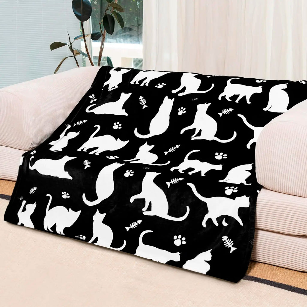 Simple White Cat Paw Bone Pattern Warm Fleece Blanket, Thick Soft Fabric for Travel Living Room Bed Cold Weather Warm Retention Watra