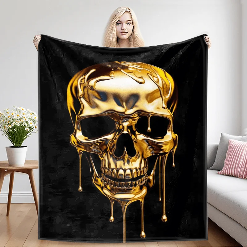 Luxury Gold Dripping Skull Throw Blanket Cozy Aesthetic Gothic Home Decor Gift for Man Woman 150x200cm Watra