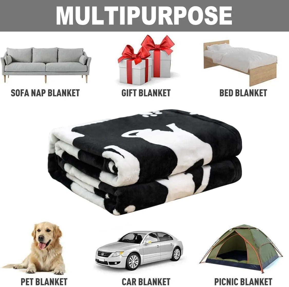 Simple White Cat Paw Bone Pattern Warm Fleece Blanket, Thick Soft Fabric for Travel Living Room Bed Cold Weather Warm Retention Watra