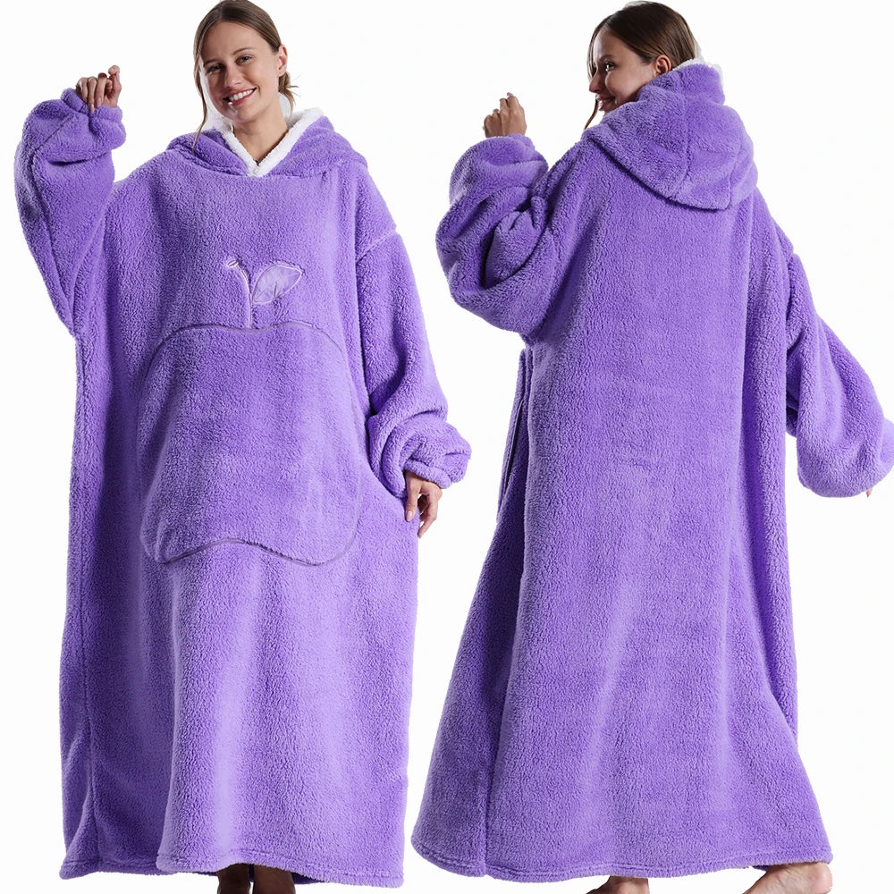 Extra Long Wearable Blankets Winter Flannel Hooded Blanket with Full Sleeves Men Women Cozy Soft Throw Adult TV Blanket Watra